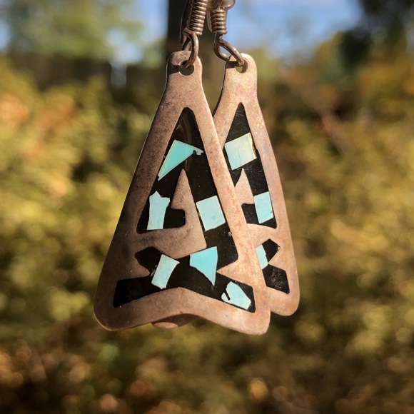 Vintage 925 Taxco Turquoise Inlay Earrings - Picture 3 of 8